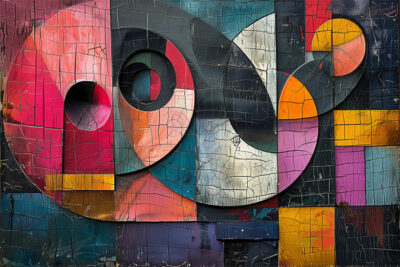 Abstract painting with intersecting geometric shapes and bold colours, including red, orange, yellow, blue, and black, over a textured, cracked surface. Abstract art poster available in A1 to A4 sizes.
