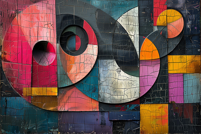product-image-3-2 Abstract painting with intersecting geometric shapes and bold colours, including red, orange, yellow, blue, and black, over a textured, cracked surface. Abstract art poster available in A1 to A4 sizes.