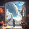 A person stands in a room filled with books and autumn foliage, looking out through a large open doorway at a fantastical landscape with planets and floating spheres in the sky. Fantasy art poster available in A1 to A4 sizes.