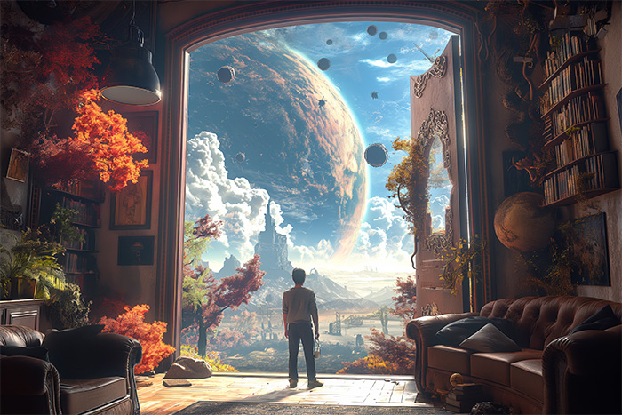 product-image-3-2 A person stands in a room filled with books and autumn foliage, looking out through a large open doorway at a fantastical landscape with planets and floating spheres in the sky. Fantasy art poster available in A1 to A4 sizes.