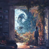 A person stands in a library, gazing out an open door where a fantastical sea creature and vibrant underwater plants fill the scene outside. Fantasy art poster available in A1 to A4 sizes.