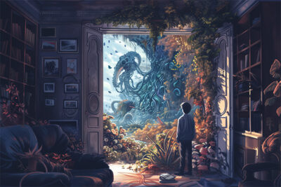 A person stands in a library, gazing out an open door where a fantastical sea creature and vibrant underwater plants fill the scene outside. Fantasy art poster available in A1 to A4 sizes.