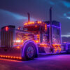 A large semi-truck decorated with purple and orange neon lights is parked outdoors at dusk, with mountains visible in the background. Trucking poster available in A1 to A4 sizes.
