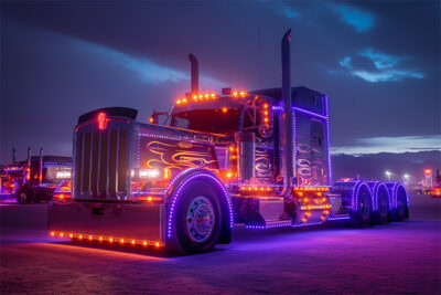 A large semi-truck decorated with purple and orange neon lights is parked outdoors at dusk, with mountains visible in the background. Trucking poster available in A1 to A4 sizes.