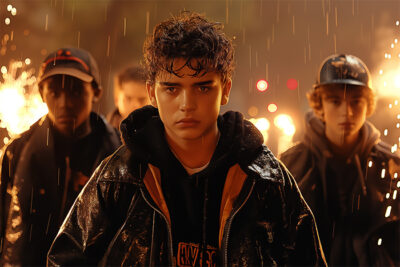 Three teenage boys stand in the rain at night, looking serious, with bright lights and sparks in the blurred background. Cinematic-style teen attitude poster available in A1 to A4 sizes.