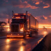 A semi-truck with bright lights drives on a wet highway at sunset, with another truck following behind. Trucking poster available in A1 to A4 sizes.