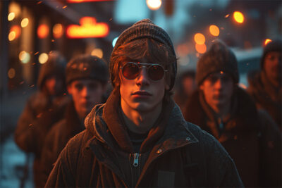 A young person wearing sunglasses and a knit beanie stands outdoors at dusk, with several others in the blurred background and city lights visible. Cinematic-style teen attitude poster available in A1 to A4 sizes.