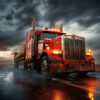 A red semi-truck drives down a wet rural road under a dark, cloudy sky, with headlights on and reflections visible on the pavement. Trucking poster available in A1 to A4 sizes.