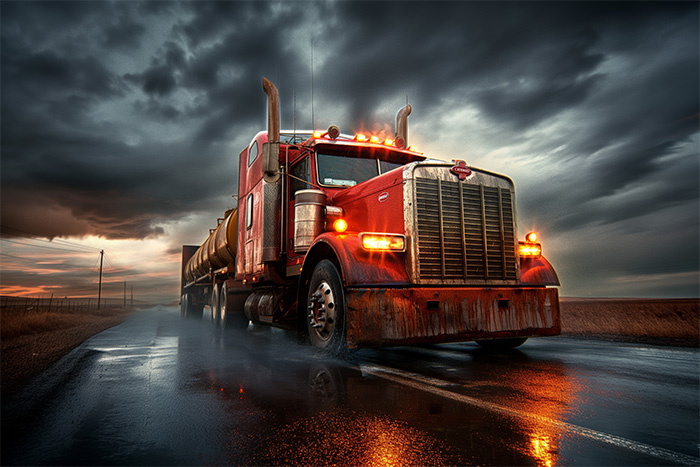 product-image-3-2 A red semi-truck drives down a wet rural road under a dark, cloudy sky, with headlights on and reflections visible on the pavement. Trucking poster available in A1 to A4 sizes.