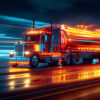 A large tanker truck decorated with bright neon lights drives at night on a wet road, with colourful light trails in the background. Trucking poster available in A1 to A4 sizes.