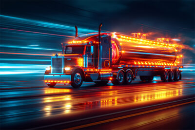 A large tanker truck decorated with bright neon lights drives at night on a wet road, with colourful light trails in the background. Trucking poster available in A1 to A4 sizes.