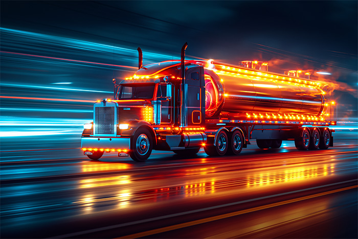 product-image-3-2 A large tanker truck decorated with bright neon lights drives at night on a wet road, with colourful light trails in the background. Trucking poster available in A1 to A4 sizes.