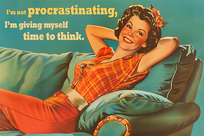 product-image-3-2 A smiling woman reclines on a couch, with the text: Im not procrastinating, Im giving myself time to think. Funny poster available in A1 to A4 sizes.