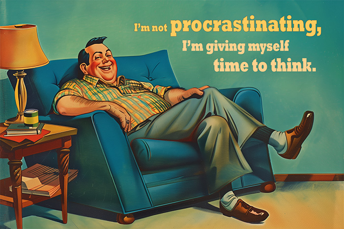 product-image-3-2 A man relaxes in an armchair, smiling, with a side table nearby; text reads, “I’m not procrastinating, I’m giving myself time to think.”. Funny poster available in A1 to A4 sizes.