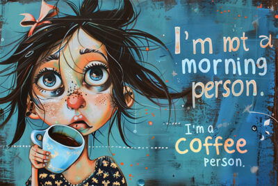 Illustration of a tired, wide-eyed person holding a coffee cup, with the text "I'm not a morning person. I'm a coffee person" in bold, playful letters. Funny poster available in A1 to A4 sizes.