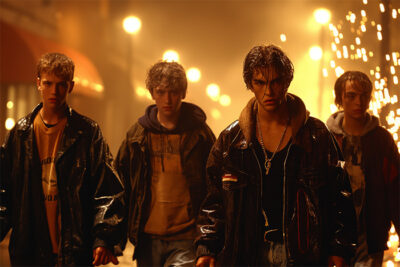 Four young men in wet clothing walk down a city street at night, with streetlights and sparks illuminating the background. Cinematic-style teen attitude poster available in A1 to A4 sizes.
