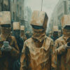 A group of people on a city street wear paper bags over their heads and use smartphones, with the rest of the crowd dressed similarly. Dystopian art print available in A1 to A4 sizes.