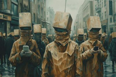 A group of people on a city street wear paper bags over their heads and use smartphones, with the rest of the crowd dressed similarly. Dystopian art print available in A1 to A4 sizes.