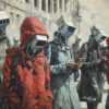 People in coats walk outside wearing box-like headsets, some using smartphones, in a city setting with muted colours and a futuristic, surreal atmosphere. Dystopian art print available in A1 to A4 sizes.