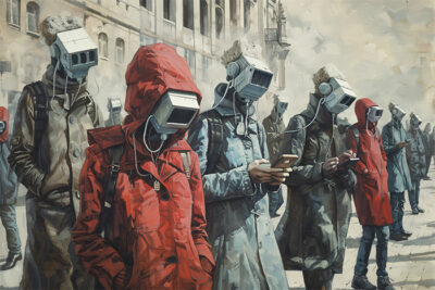People in coats walk outside wearing box-like headsets, some using smartphones, in a city setting with muted colours and a futuristic, surreal atmosphere. Dystopian art print available in A1 to A4 sizes.