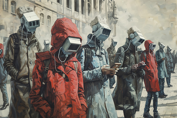 product-image-3-2 People in coats walk outside wearing box-like headsets, some using smartphones, in a city setting with muted colours and a futuristic, surreal atmosphere. Dystopian art print available in A1 to A4 sizes.