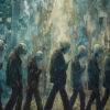 Several figures with identical clothing and heads resembling lightbulbs walk in a row, all looking down at their smartphones against a blurred urban background. Dystopian art print available in A1 to A4 sizes.