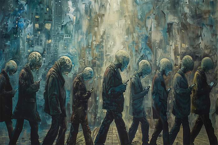 product-image-3-2 Several figures with identical clothing and heads resembling lightbulbs walk in a row, all looking down at their smartphones against a blurred urban background. Dystopian art print available in A1 to A4 sizes.