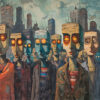 A group of stylized humanoid figures with glowing eyes stands in front of a cityscape of tall buildings under a cloudy sky. Dystopian art print available in A1 to A4 sizes.