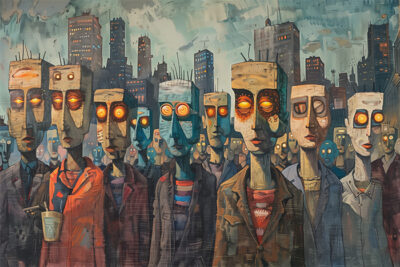 A group of stylized humanoid figures with glowing eyes stands in front of a cityscape of tall buildings under a cloudy sky. Dystopian art print available in A1 to A4 sizes.