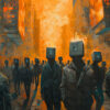 A crowd of people walks through a city street at sunset, each with a glowing box-like device covering their head. Dystopian art print available in A1 to A4 sizes.