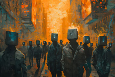 A crowd of people walks through a city street at sunset, each with a glowing box-like device covering their head. Dystopian art print available in A1 to A4 sizes.