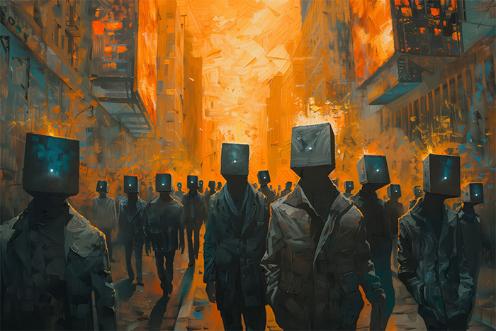 product-image-3-2 A crowd of people walks through a city street at sunset, each with a glowing box-like device covering their head. Dystopian art print available in A1 to A4 sizes.