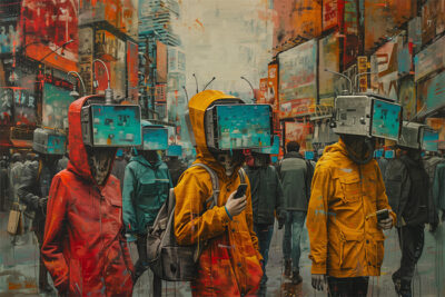 People wearing jackets and backpacks walk in a city street, each with large television screens for heads displaying digital imagery. The background shows busy urban billboards and buildings. Dystopian art print available in A1 to A4 sizes.
