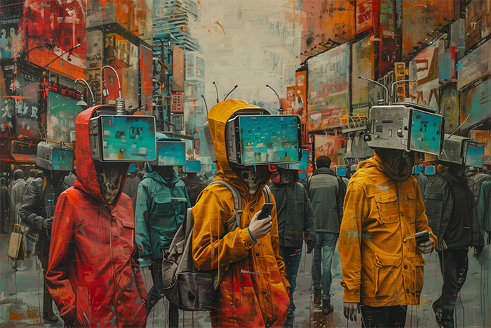 product-image-3-2 People wearing jackets and backpacks walk in a city street, each with large television screens for heads displaying digital imagery. The background shows busy urban billboards and buildings. Dystopian art print available in A1 to A4 sizes.