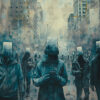 People walk through a city street wearing large, box-like helmets over their heads, many looking down at devices in their hands; city buildings loom in the background. Dystopian art print available in A1 to A4 sizes.
