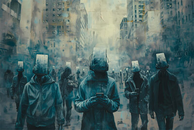 People walk through a city street wearing large, box-like helmets over their heads, many looking down at devices in their hands; city buildings loom in the background. Dystopian art print available in A1 to A4 sizes.