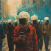 A group of people walk down a city street, each with a smartphone and a large device resembling a screen obscuring their heads. The scene is surreal and stylized. Dystopian art print available in A1 to A4 sizes.
