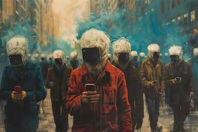 A group of people walk down a city street, each with a smartphone and a large device resembling a screen obscuring their heads. The scene is surreal and stylized. Dystopian art print available in A1 to A4 sizes.