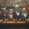 A group of people in suits wearing elaborate demon and monster masks stand and sit at a bar with drinks, with liquor bottles lined up on shelves behind them. Surreal art print available in A1 to A4 sizes.