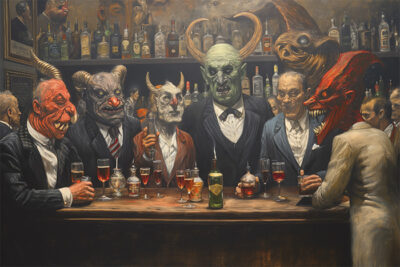 A group of people in suits wearing elaborate demon and monster masks stand and sit at a bar with drinks, with liquor bottles lined up on shelves behind them. Surreal art print available in A1 to A4 sizes.