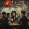 A group of six people sit at a dimly lit bar with drinks, engaged in conversation beneath hanging red lights and shelves of bottles. Wall art print available in A1 to A4 sizes.