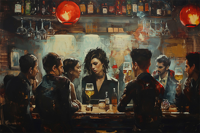 A group of six people sit at a dimly lit bar with drinks, engaged in conversation beneath hanging red lights and shelves of bottles. Wall art print available in A1 to A4 sizes.
