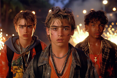 Three teenage boys wearing casual clothes and necklaces stand together outdoors at night with sparklers and blurred lights in the background. Cinematic-style teen attitude poster available in A1 to A4 sizes.