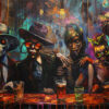 Five figures with glowing eyes, some resembling skeletons, sit at a bar in a dimly lit, colourful, and surreal setting with drinks in front of them. Surreal art print available in A1 to A4 sizes.