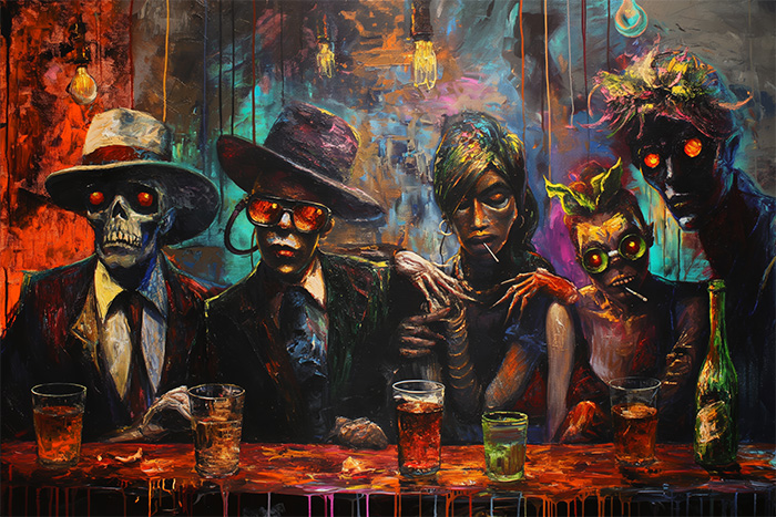 Five figures with glowing eyes, some resembling skeletons, sit at a bar in a dimly lit, colourful, and surreal setting with drinks in front of them. Surreal art print available in A1 to A4 sizes.