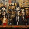 A group of stylized, surreal figures with exaggerated facial features sit at a bar, dressed in formal attire with drinks in front of them, against a collage-like background. Surreal art print available in A1 to A4 sizes.