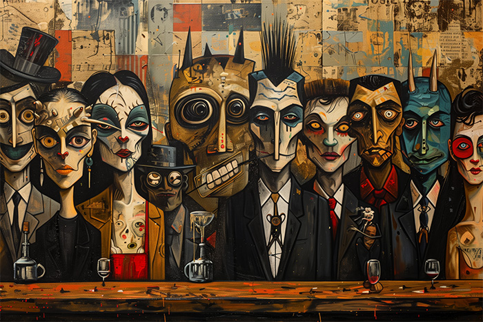 product-image-3-2 A group of stylized, surreal figures with exaggerated facial features sit at a bar, dressed in formal attire with drinks in front of them, against a collage-like background. Surreal art print available in A1 to A4 sizes.