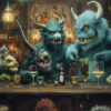 Five blue furry monsters with horns and fangs sit at a bar, drinking from wine glasses and bottles, with shelves of liquor and a painting in the background. Surreal art print available in A1 to A4 sizes.