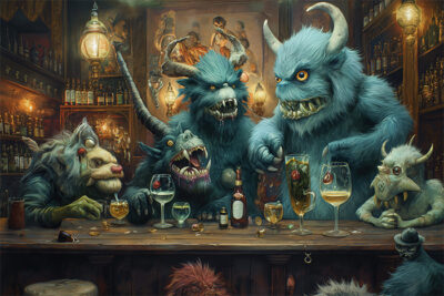 Five blue furry monsters with horns and fangs sit at a bar, drinking from wine glasses and bottles, with shelves of liquor and a painting in the background. Surreal art print available in A1 to A4 sizes.
