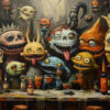 A group of colourful, cartoonish monsters with exaggerated features sit at a table filled with bottles and glasses in a bar setting, posing and making silly faces. Surreal art print available in A1 to A4 sizes.